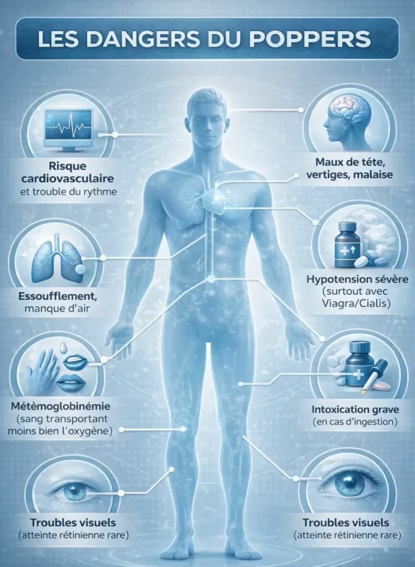 Le poppers n’est pas sans danger : il existe un risque réel pour la santé lors de son utilisation. Infographie répertoriant les principaux risques.