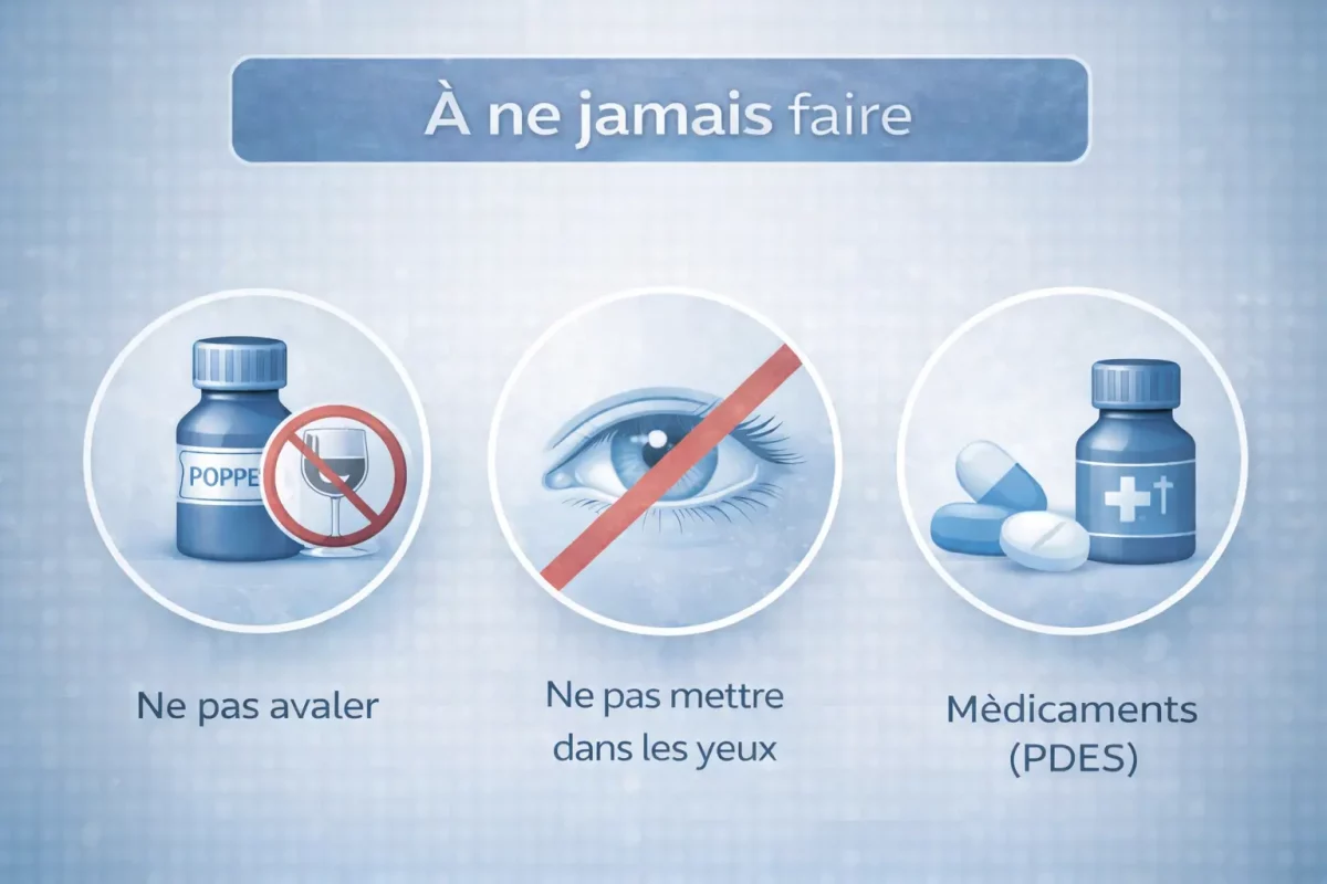 Infographie prévention poppers : ne pas avaler, ne pas mettre dans les yeux et ne pas associer avec des médicaments