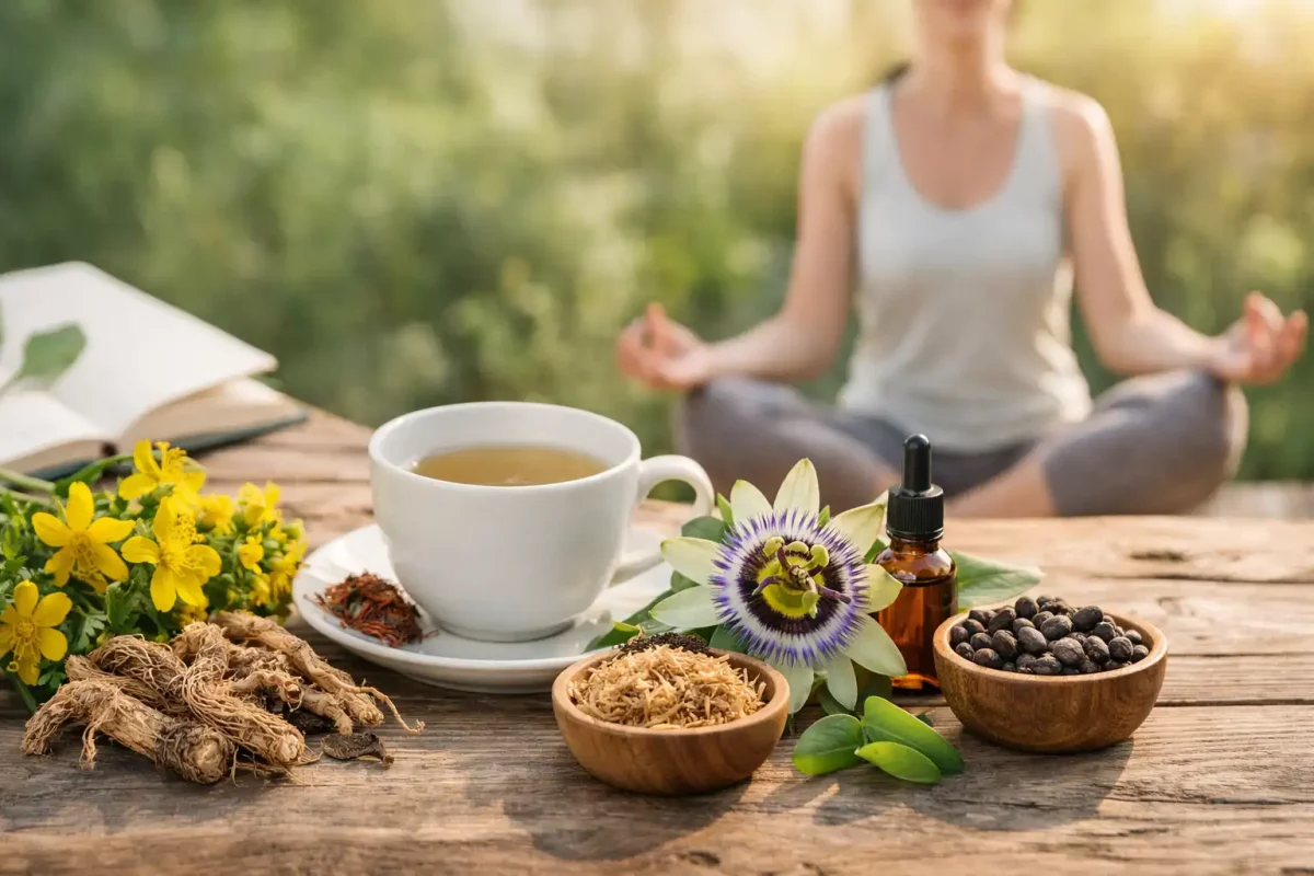 Plantes euphorisantes naturelles comme millepertuis rhodiola et passiflore utilisées pour améliorer l’humeur et réduire le stress