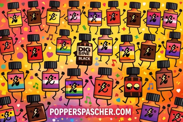 Illustration de flacons de poppers colorés souvent utilisés pour leurs effets puissants et durables.