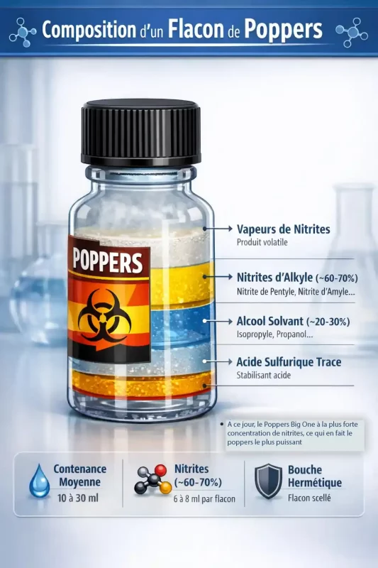 infographie composition poppers montrant nitrites d’alkyle solvants et structure d’un flacon de poppers