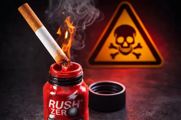 Illustration d’une pratique dangereuse consistant à tremper une cigarette dans du poppers pour inhaler les vapeurs.