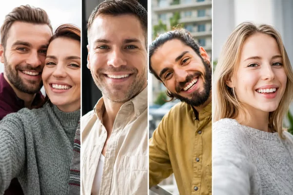 Portraits d’hommes et de femmes souriants illustrant les avis clients sur les stimulants sexuels et boosters de libido