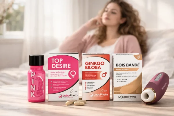 stimulant sexuel pour femme avec poppers pink, compléments Top Désir, Ginkgo Biloba, Bois Bandé et womanizer sur table en bois lumière naturelle