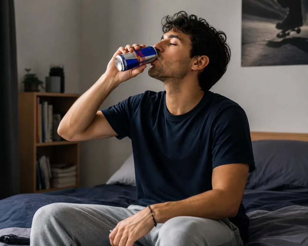 homme qui boit redbull pour durer plus longtemps au lit