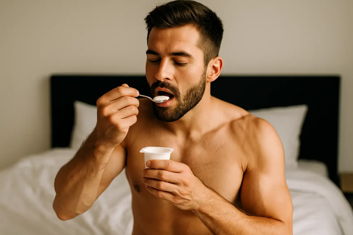 homme qui mange un yaourt avant de faire l'amour