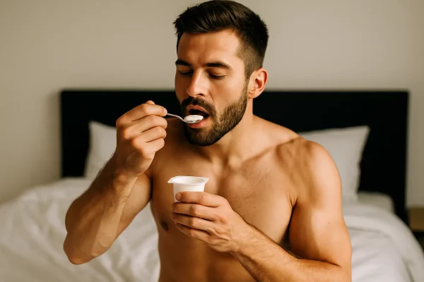 homme qui mange un yaourt avant de faire l'amour