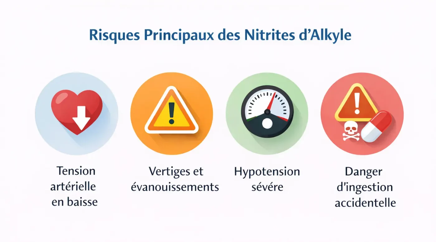Infographie présentant les principaux risques des nitrites d’alkyle : baisse de tension artérielle, vertiges, hypotension sévère et danger d’ingestion accidentelle