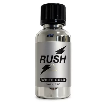 Flacon poppers Rush White Gold 30 ml en verre chromé effet miroir fabriqué en Belgique par PWD.
