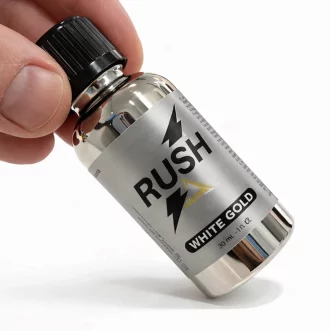 Poppers Rush White Gold format XXL 30 ml, bouteille chromée brillante effet miroir, grand format puissant.
