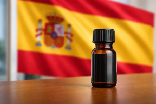 Flacon de poppers sur une table avec drapeau espagnol en arrière-plan – législation poppers Espagne 2026