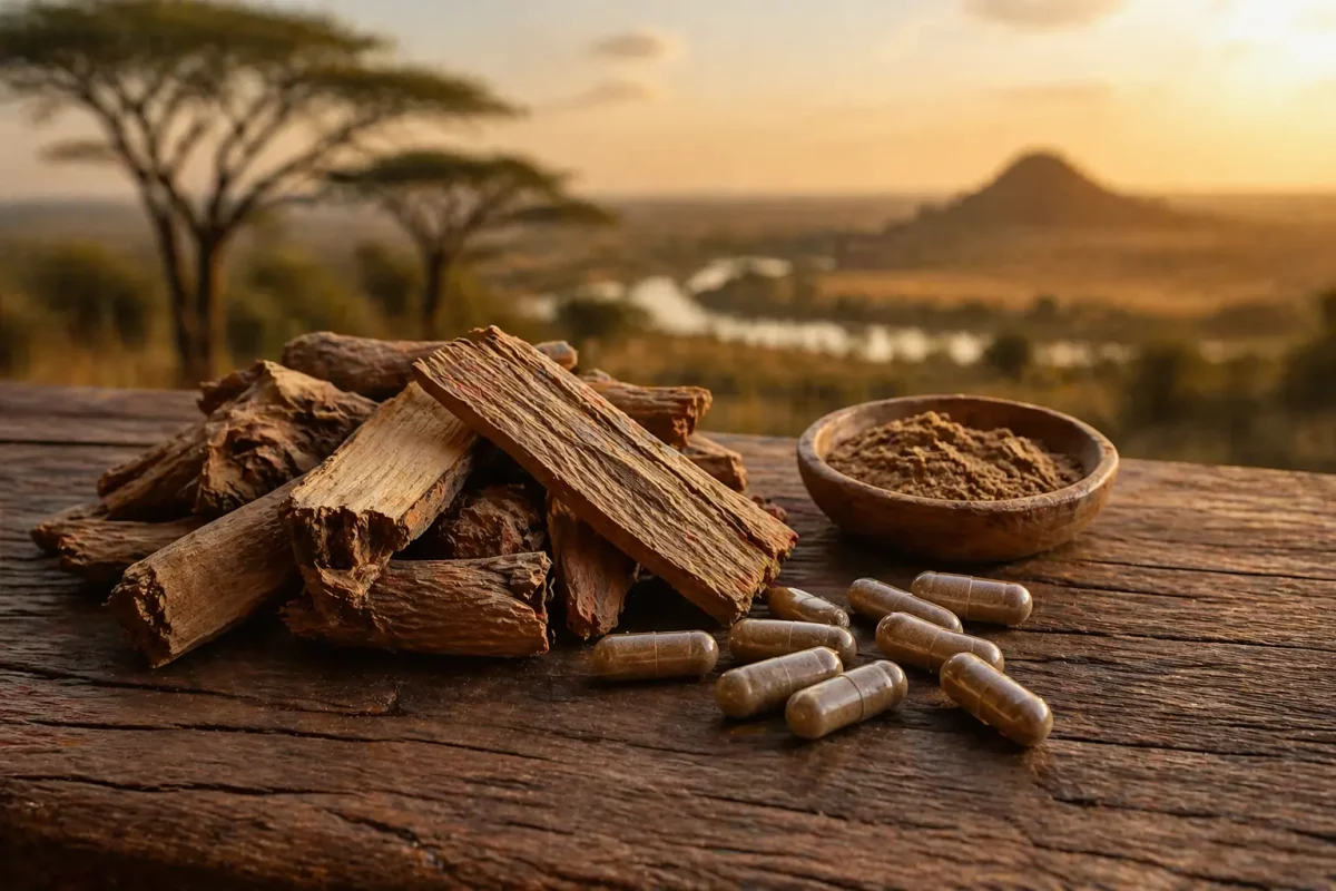 Écorces de bois bandé et gélules aphrodisiaque africain puissant sur table avec paysage africain en arrière-plan" title="Bois bandé aphrodisiaque africain naturel
