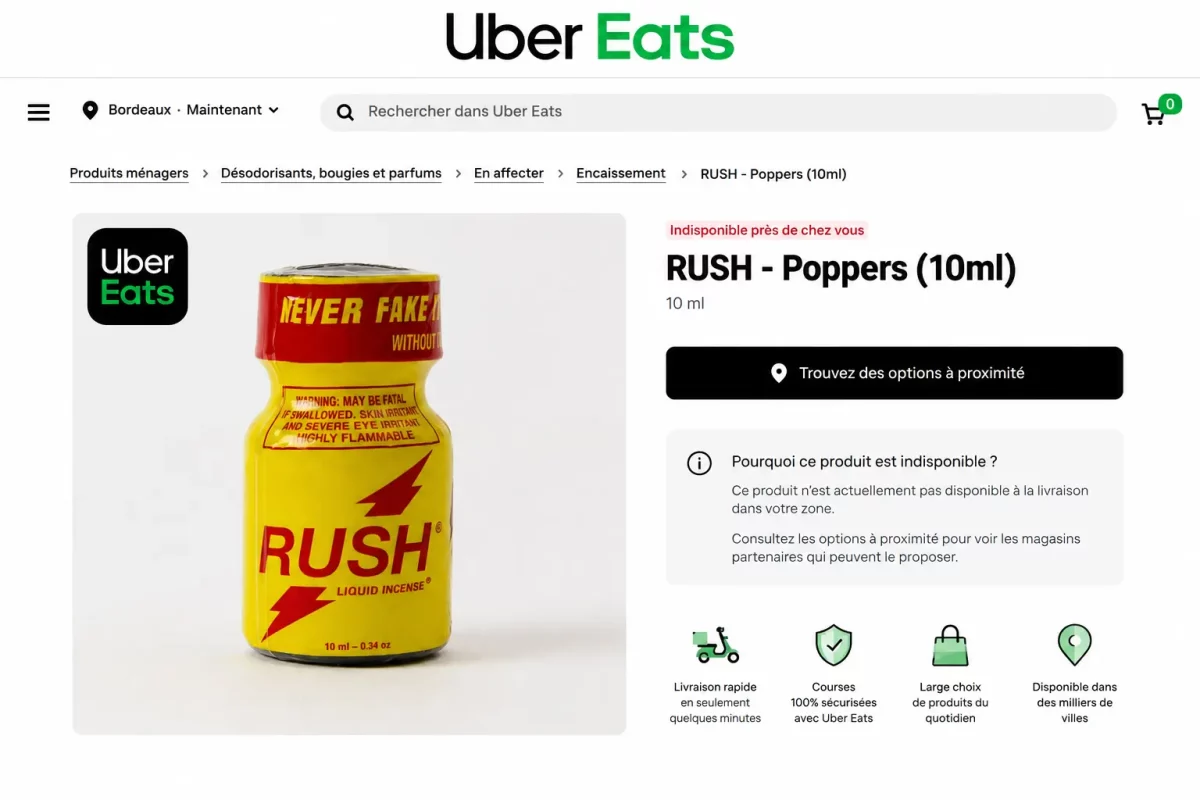 le poppers sur uber eats est impossible a acheter