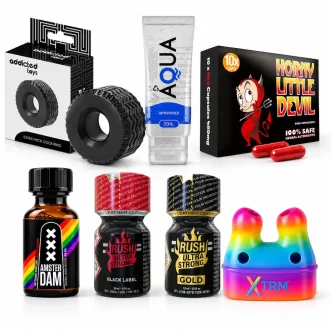Coffret Pride XXL LGBT avec Amsterdam Rainbow, Rush Black Label, Horny Little Devil, cockring XXL et SNFFR Twin
