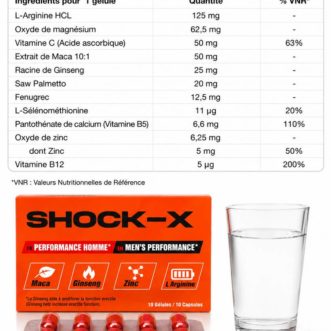 SHOCK-X formule homme 10 gélules avec Ginseng, Maca, Zinc et L-Arginine boîte officielle