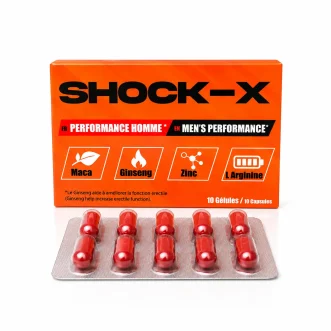 Photo de la boîte SHOCK-X et de ses gélules complément alimentaire pour la vitalité masculine