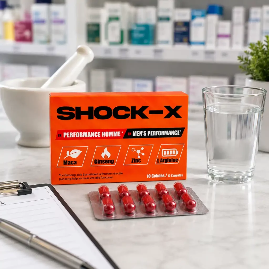Boîte SHOCK-X et gélules complément alimentaire homme vitalité masculine Ginseng Maca Zinc