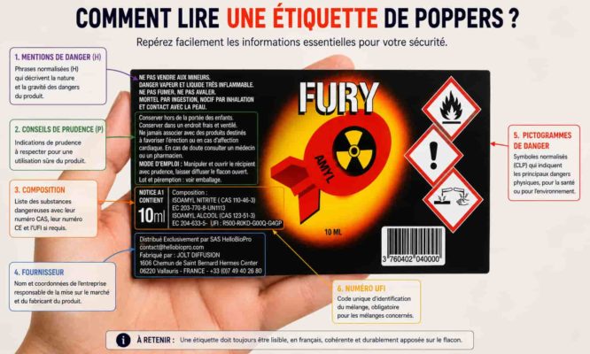 Comment lire une étiquette de poppers : fournisseur, composition, pictogrammes de danger, mentions H et P et numéro UFI