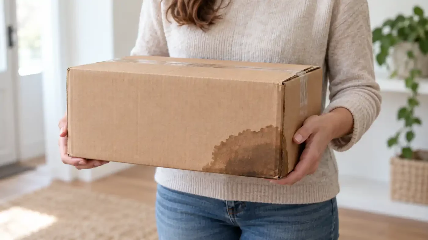 une personne tenant un petit carton fermé présentant une tache visible de poppers sur un côté.