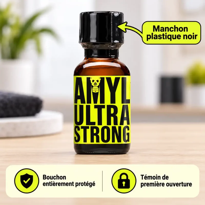 Manchon plastique noir protégeant entièrement le bouchon du poppers Amyl Ultra Strong