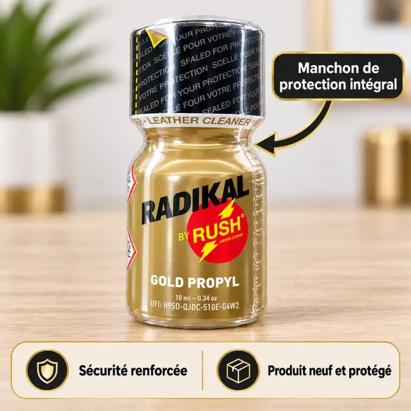 Flacon de poppers Radikal Rush entièrement recouvert d’un manchon de protection