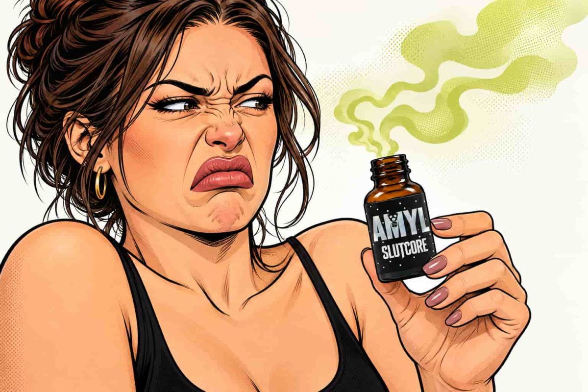 Femme faisant une grimace devant un poppers qui a changé d’odeur