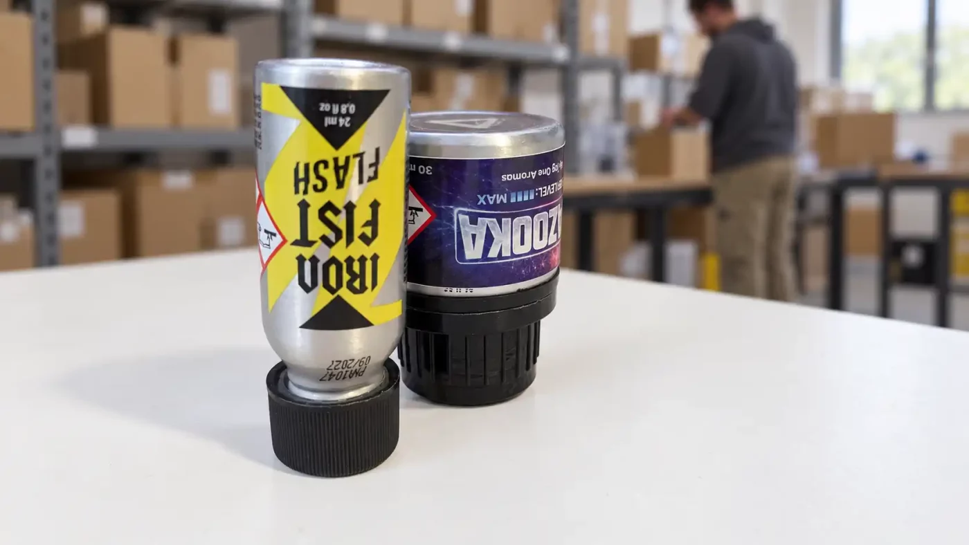 Deux flacons de poppers retournés sur leurs bouchons pour un test d’étanchéité, dans une mise en scène d’arrière-boutique.