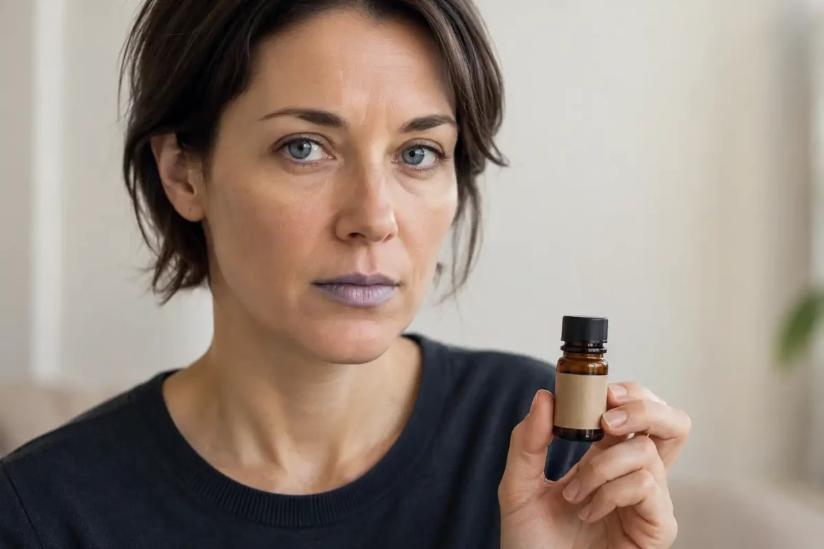 Femme aux lèvres légèrement bleues tenant un flacon de poppers