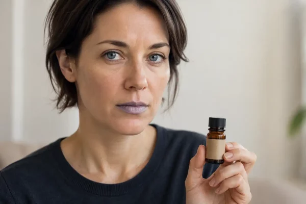 Femme aux lèvres légèrement bleues tenant un flacon de poppers