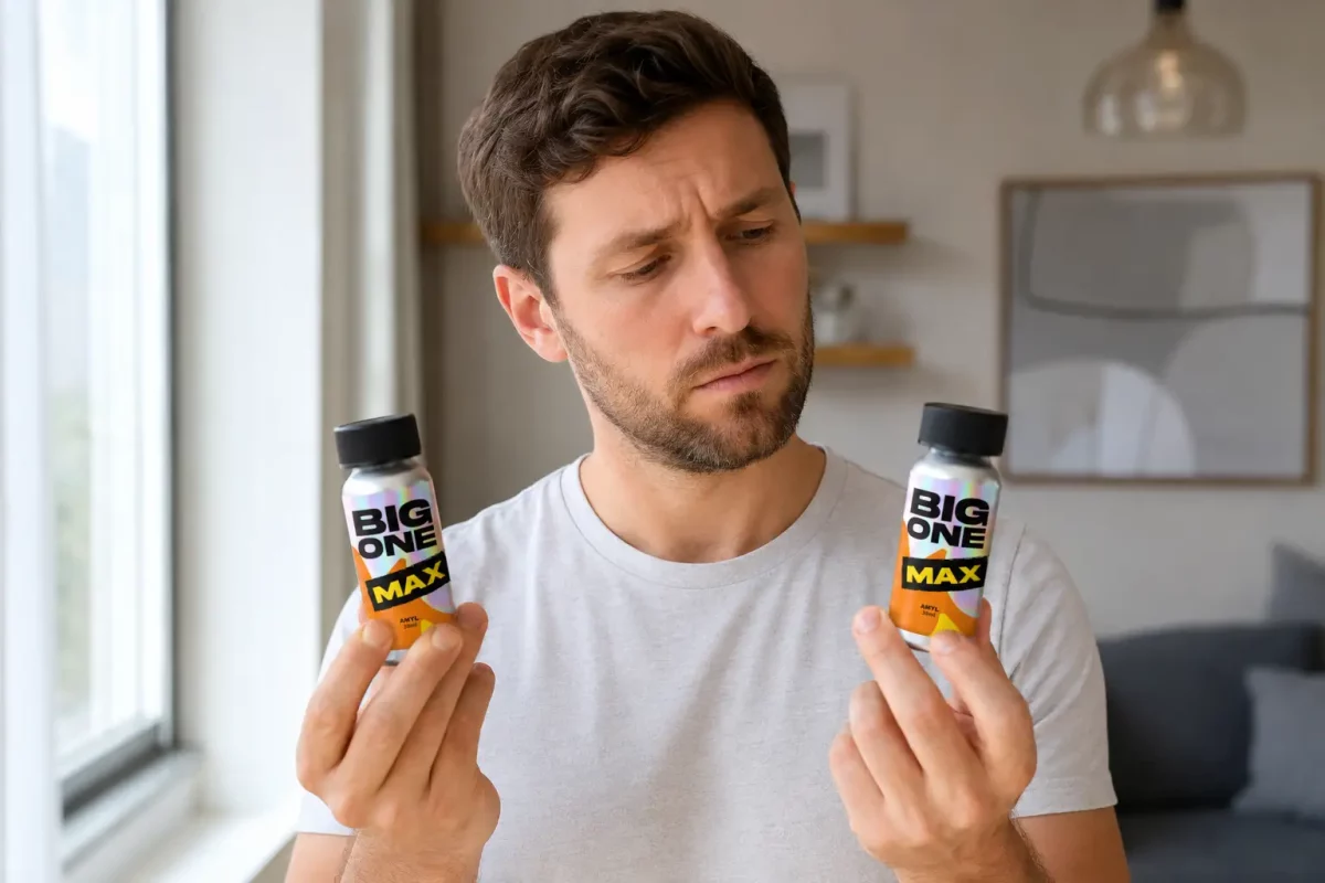 Homme comparant deux flacons de poppers Big One Max de la même marque