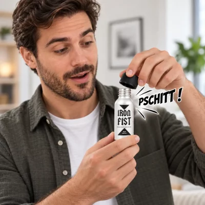 Homme ouvrant un flacon de poppers Iron Fist qui fait « pschitt » à l’ouverture