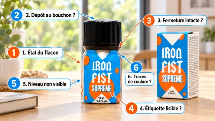 Contrôle qualité d’un flacon de poppers Iron Fist : six points à vérifier sur le bouchon, la fermeture, l’étiquette et le flacon