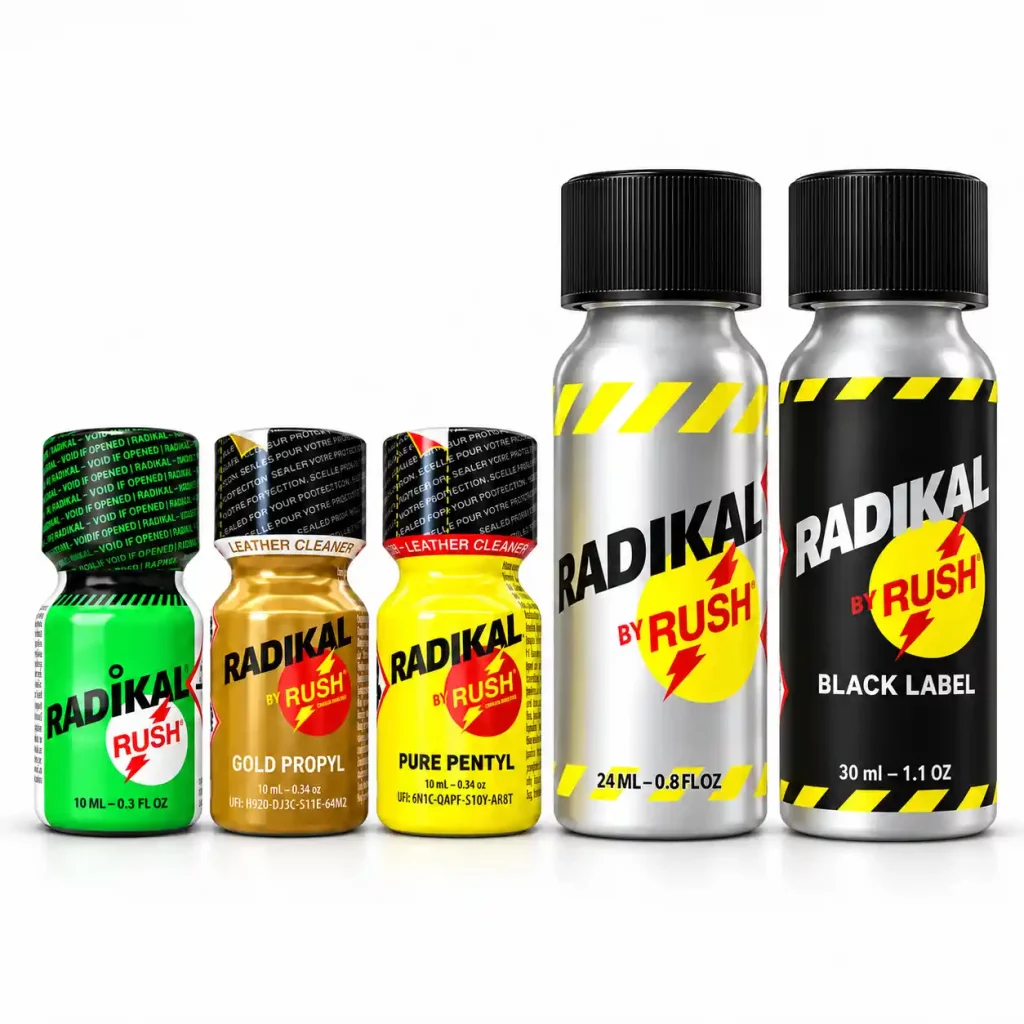 Coffret 5 Poppers Radikal by Rush – Butanol, Propyl, Pentyle et Amyle – flacons 10 ml et aluminium 30 ml