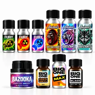 Coffret de 10 poppers Big One, Animals, Fury et Bazooka – flacons de 10, 25 et 30 ml.