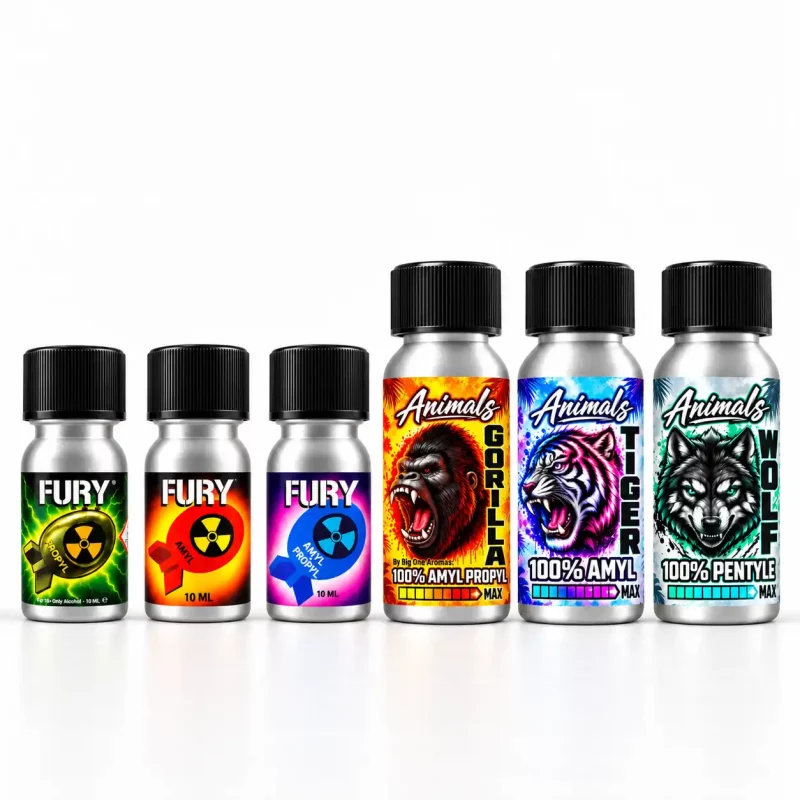 Coffret de 6 poppers en aluminium Animals Gorilla Tiger Wolf 25 ml et Fury 10 ml, trois flacons de chaque gamme.