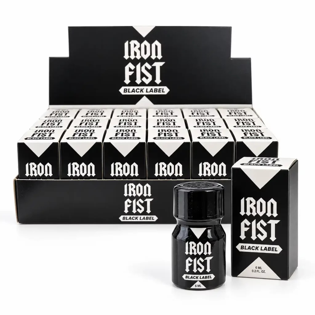 spécial grossiste : Lot de 18 Poppers Iron Fist Black Label 10 ml au Pentyle avec PLV.