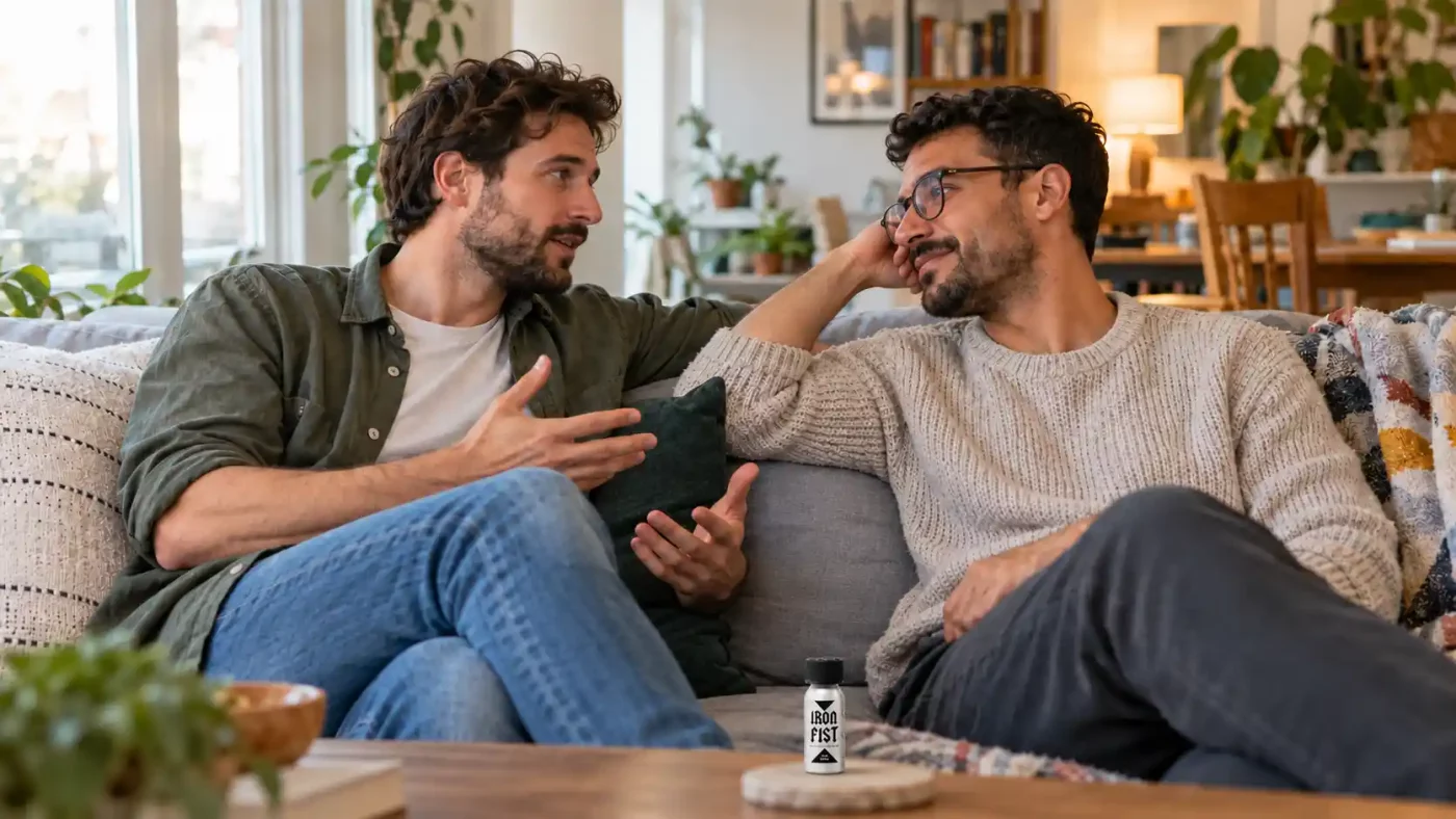 Deux hommes discutent du poppers avec un flacon Iron Fist sur la table