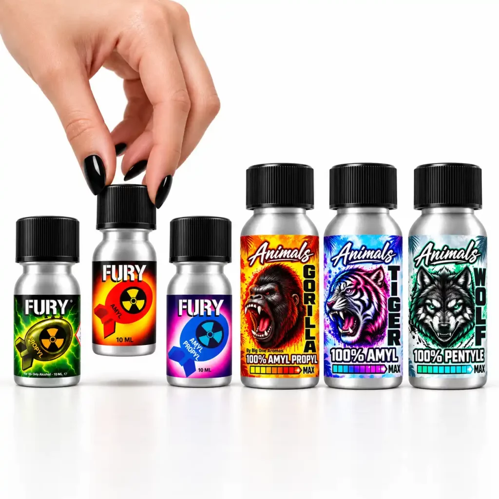 Pack de 6 poppers en aluminium Animals Gorilla Tiger Wolf 25 ml et Fury 10 ml, trois flacons de chaque gamme.