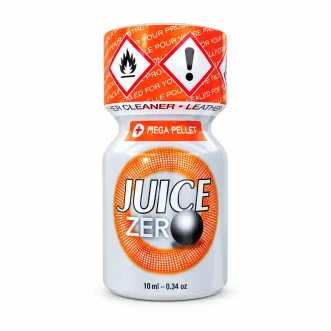 Poppers Juice Zero Mega Pellet 10 ml Amyl et Propyl avec bille intérieure, flacon gris et orange.
