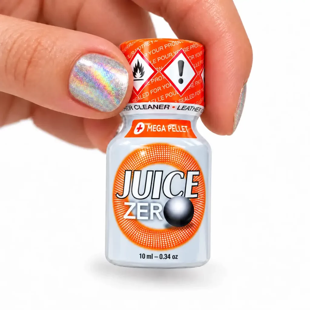 Poppers Juice Zero Mega Pellet 10 ml Amyl et Propyl avec bille intérieure, flacon gris et orange.
