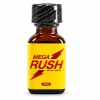 Poppers Mega Rush Amyle 24 ml, flacon en verre brun avec étiquette jaune, logo rouge et éclairs.