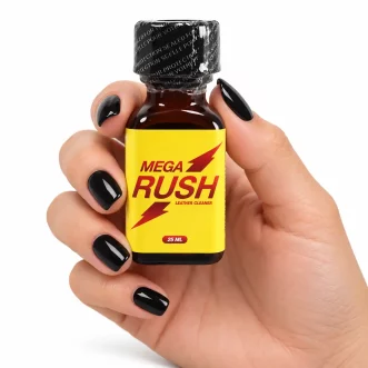Poppers Mega Rush Amyle 24 ml, flacon en verre brun avec étiquette jaune, logo rouge et éclairs.
