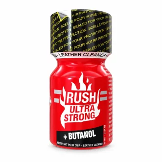 Poppers Rush Ultra Strong Butanol 10 ml, flacon rouge avec formulation au butanol.