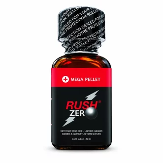 Poppers Rush Zero Mega Pellet Amyl + Propyl 24 ml avec bille intérieure, flacon en verre brun et étiquette noire et rouge.