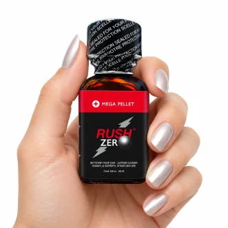 Poppers Rush Zero Mega Pellet Amyl + Propyl 24 ml avec bille intérieure, flacon en verre brun et étiquette noire et rouge.