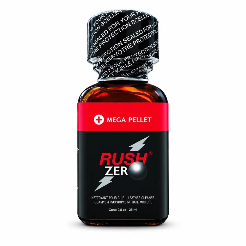 Poppers Rush Zero Mega Pellet Amyl + Propyl 24 ml avec bille intérieure, flacon en verre brun et étiquette noire et rouge.